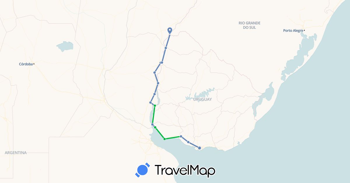 TravelMap itinerary: bus, cycling in Argentina, Uruguay (South America)