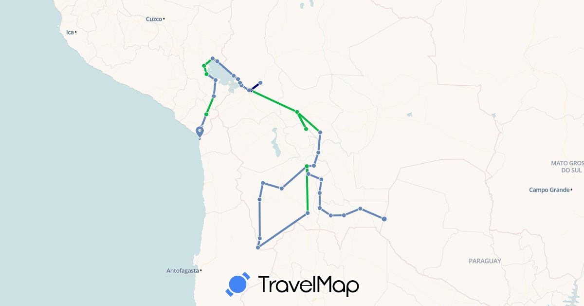 TravelMap itinerary: driving, bus, cycling in Bolivia, Chile, Peru, Paraguay (South America)