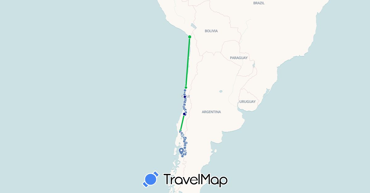 TravelMap itinerary: driving, bus, cycling, boat in Argentina, Chile (South America)