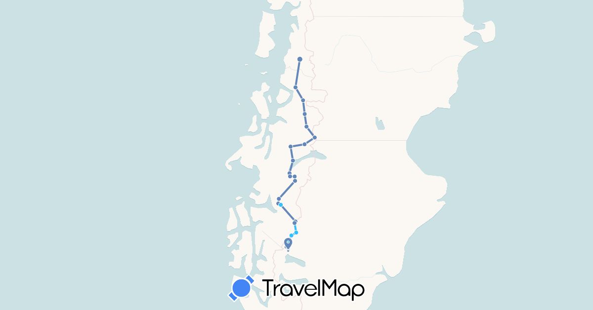 TravelMap itinerary: cycling, boat in Argentina, Chile (South America)